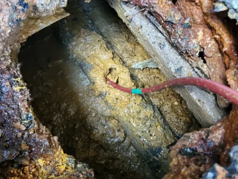 울산 북구 찌꺼기가 둘러붙은 관 속으로 스프링이 들어간 모습